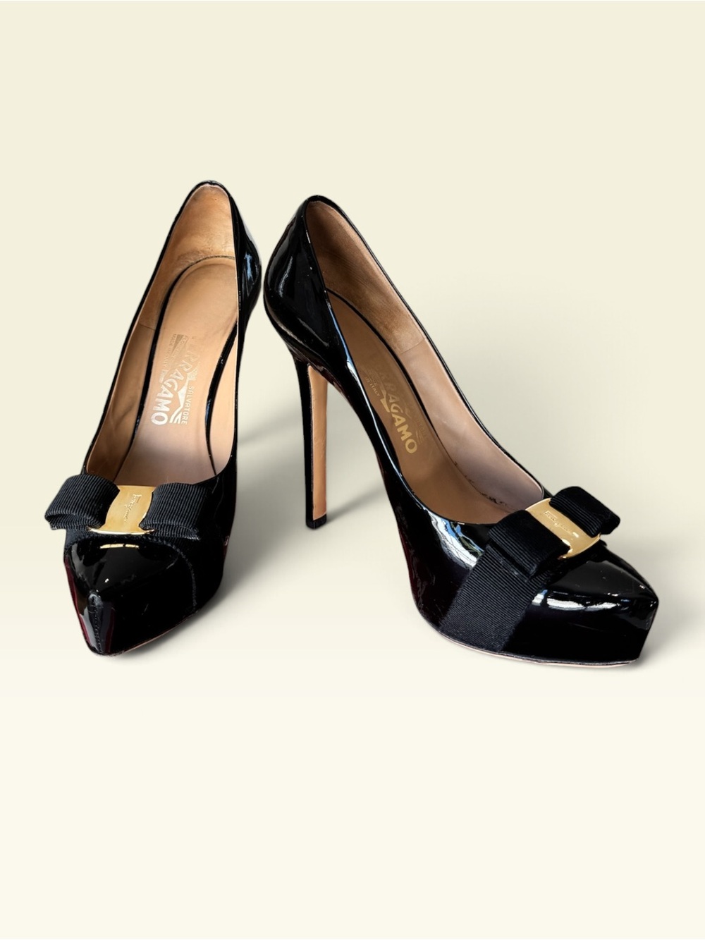 Salvatore Ferragamo Trilly Patent Leather Platform Pumps- size 8